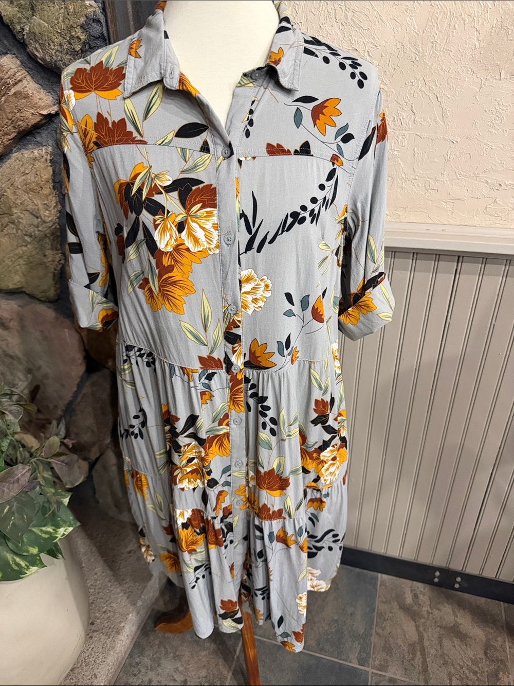 Floral Button-Front Midi Dress in Gray and Mustard